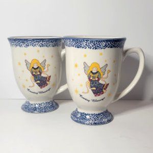 SET OF 2 COUNTRY BLESSINGS ANGEL COFFEE MUG RUSTIC FARM HOUSE SPONGEWARE